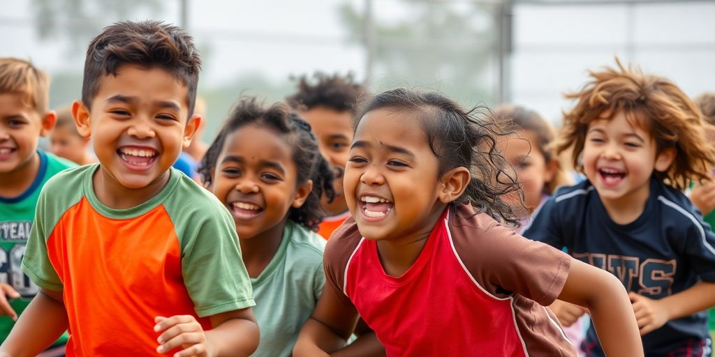 Children joyfully playing sports, laughing.