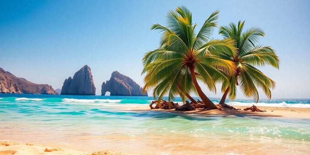 Sunny beach with clear turquoise water and palm trees.