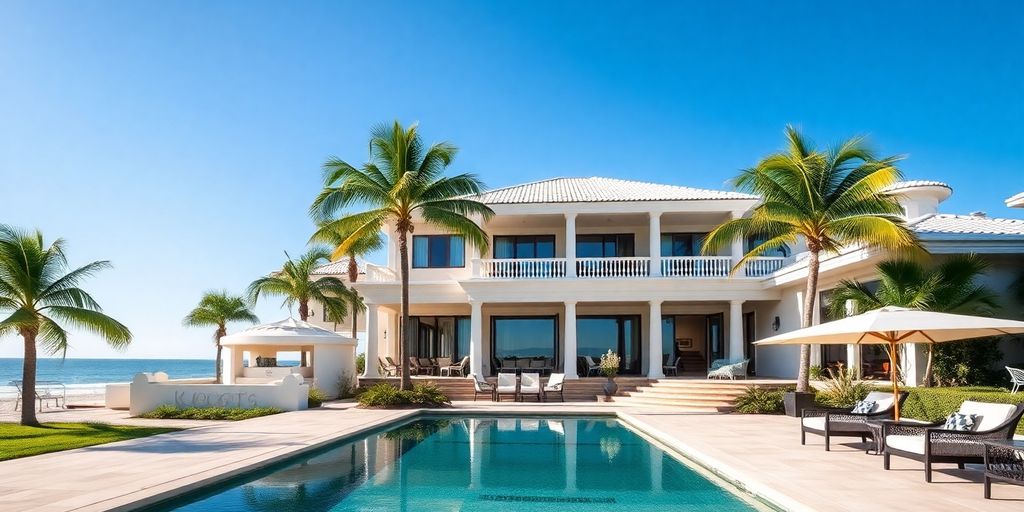 Luxurious Florida beachfront property with palm trees and pool.
