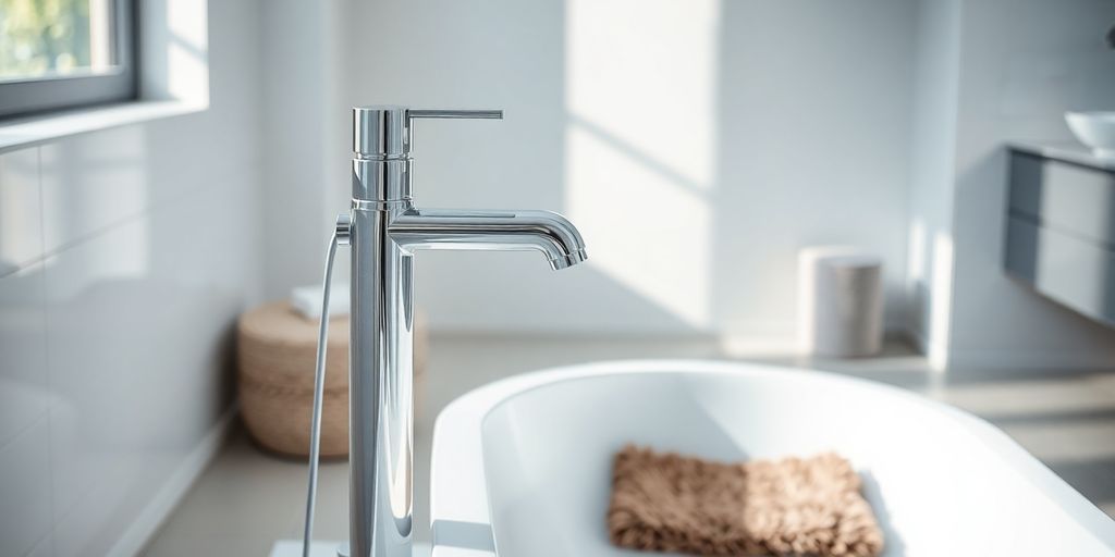 Sleek freestanding bath faucet, bright bathroom.