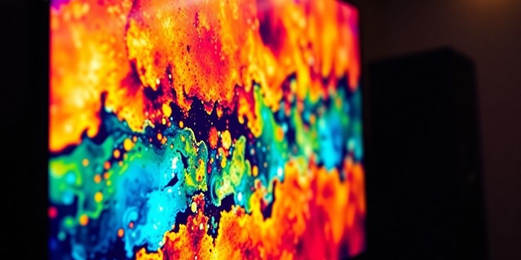 Image contrastée d'un écran de télévision lumineux et coloré.
