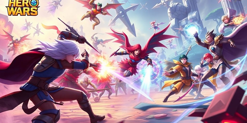 Hero Wars characters battling in a fantasy setting.