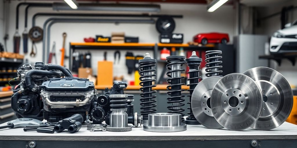 Ford car parts on display in a workshop