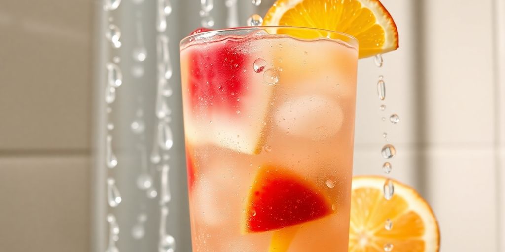 Electrolyte drink with fruit in a shower setting.