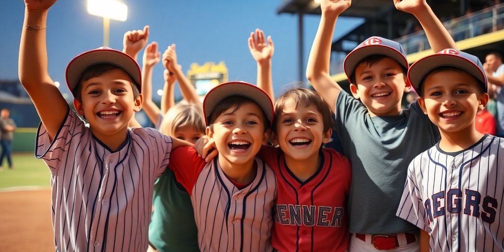 Kids celebrating a baseball win with joyful expressions.