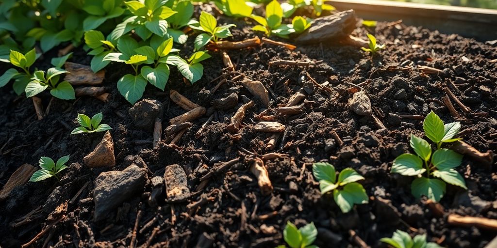 Frischer Kompost mit Gartenabfällen und Erde.