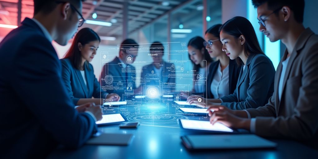 Diverse people interacting with futuristic digital devices.