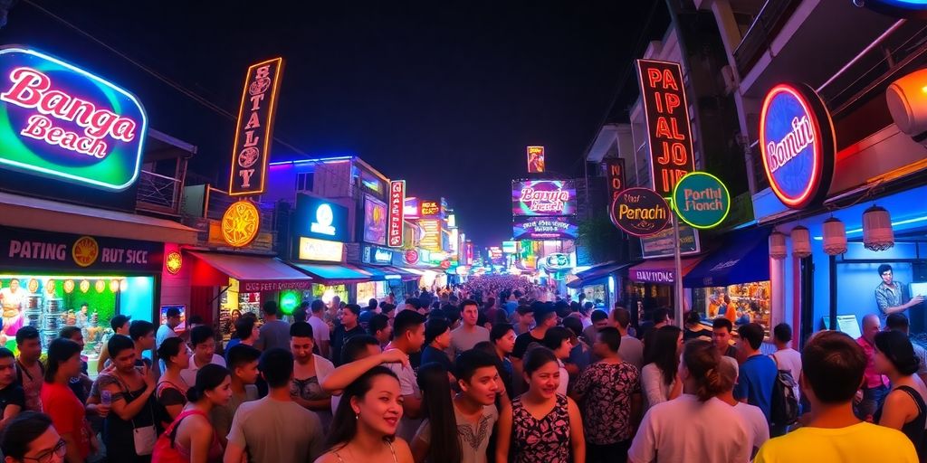 Colorful street scene with neon lights and lively crowds.