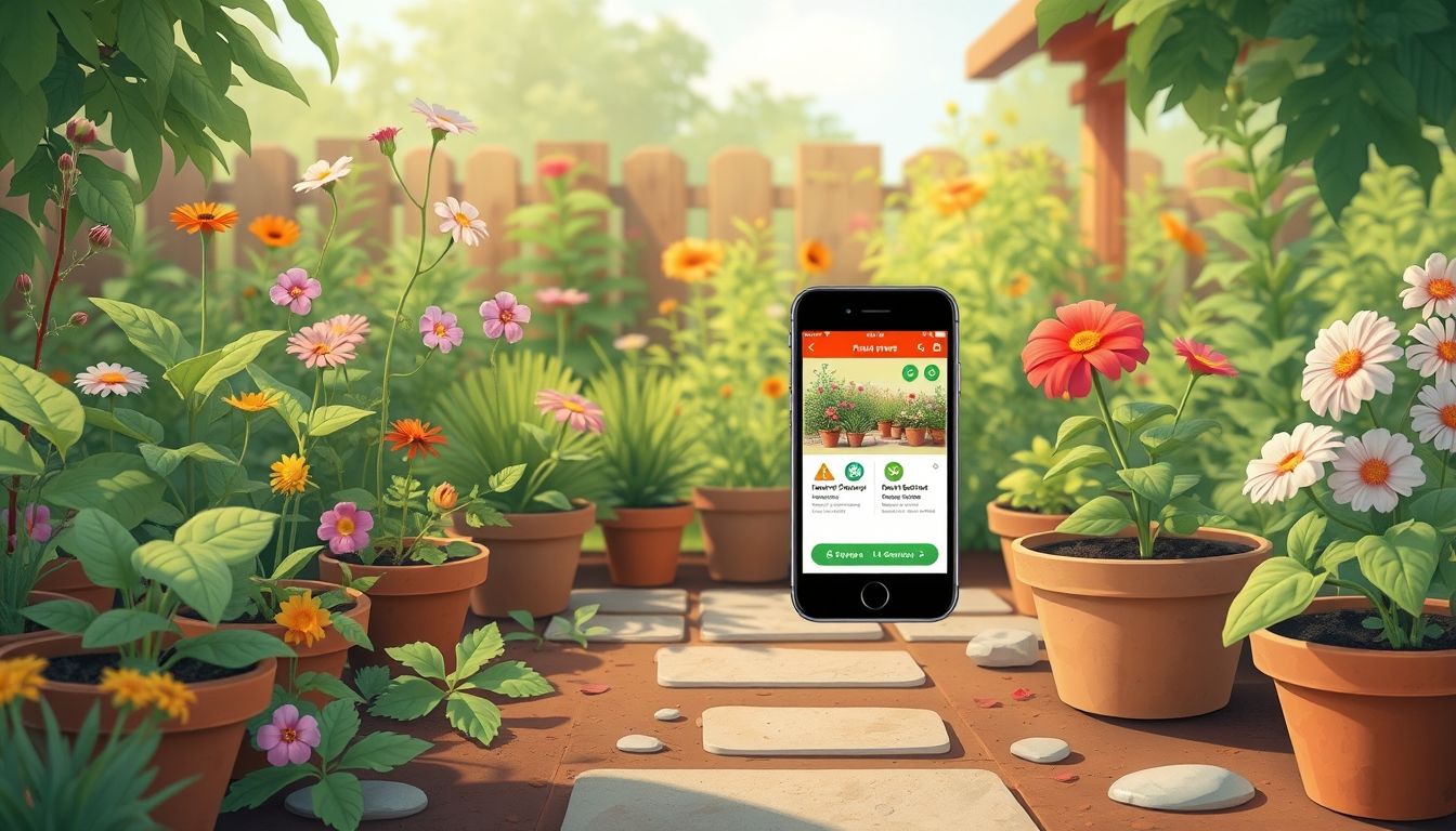 Smartphone in a garden with plant care app.