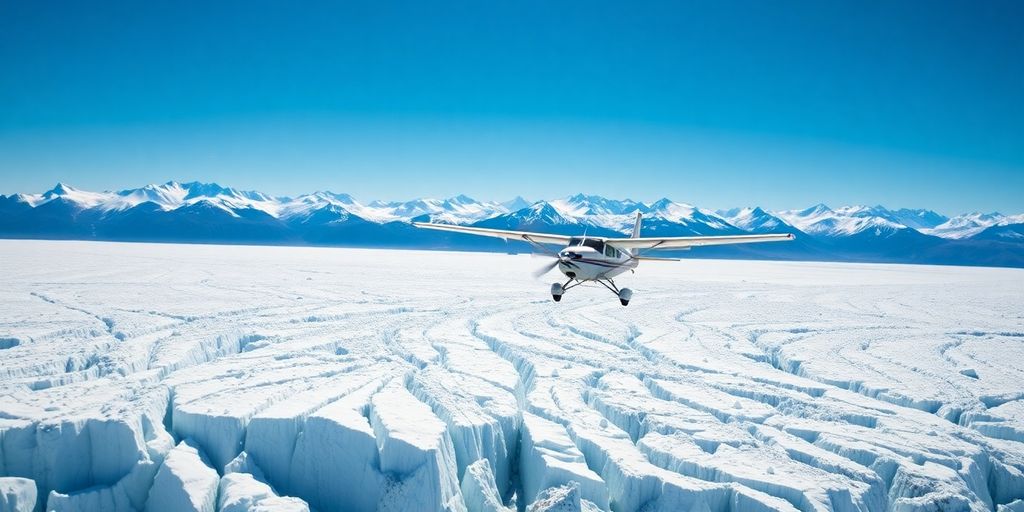 A small plane soaring over vast Alaskan glaciers and mountains.