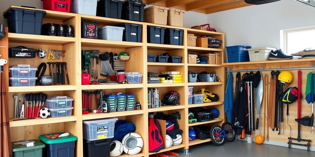 Organized garage with custom wooden shelves and storage bins.