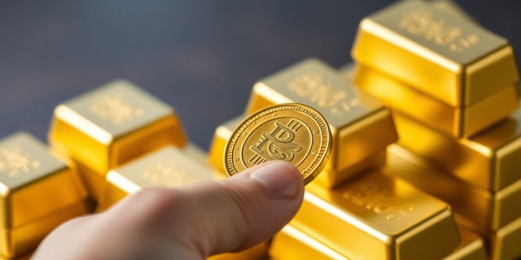 金条堆叠，手拿着金币