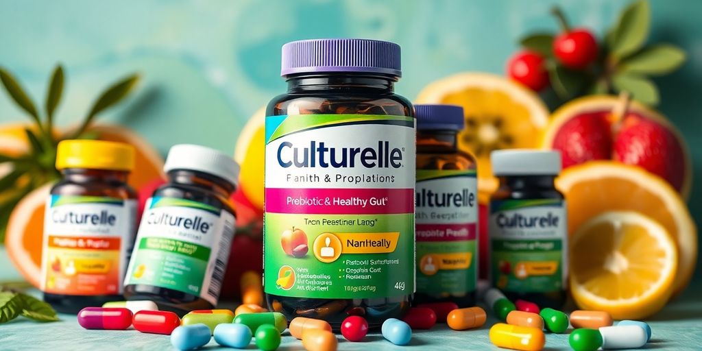 Colorful probiotic capsules with fresh fruits and vegetables.