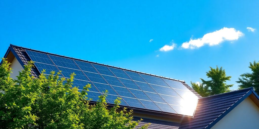 Rooftop solar panels on a sunny green home.