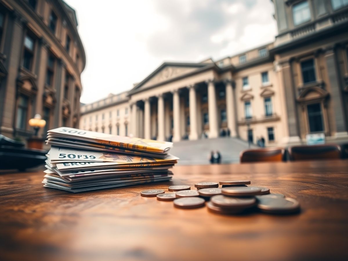 Bancnote euro și monede pe birou cu clădire parlamentară neoclasică