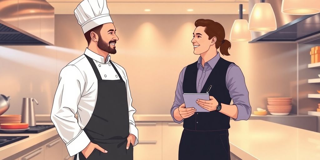 Chef and manager discussing in restaurant.