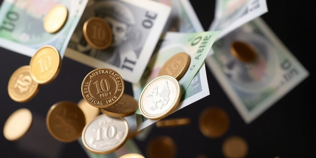 Australian dollar coins and banknotes cascading downwards.
