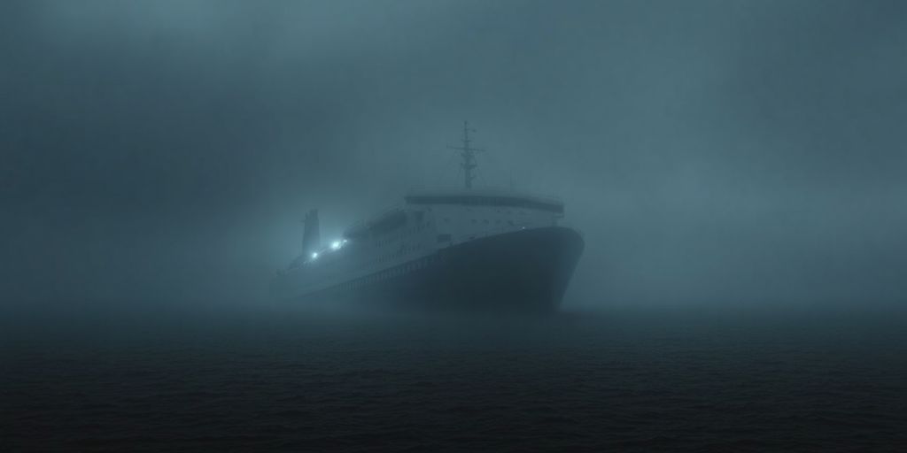 Submerged ferry in dark waters with misty surroundings.