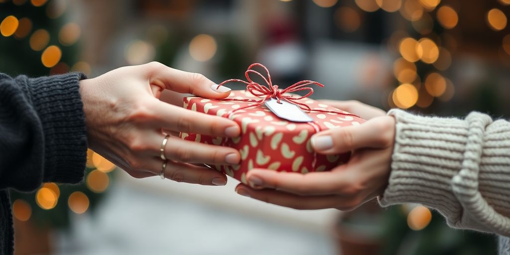 Hands exchanging a wrapped gift outside.