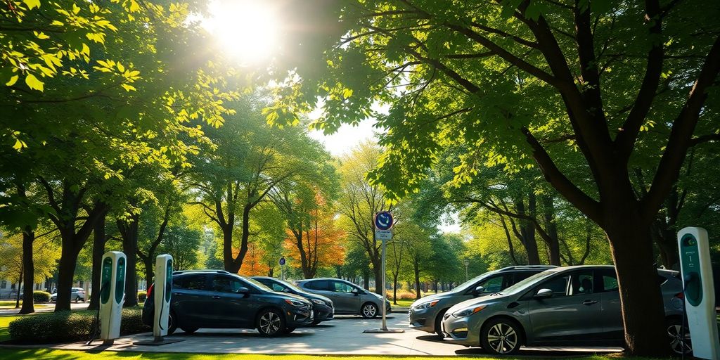 Electric vehicle charging stations in a community park setting.