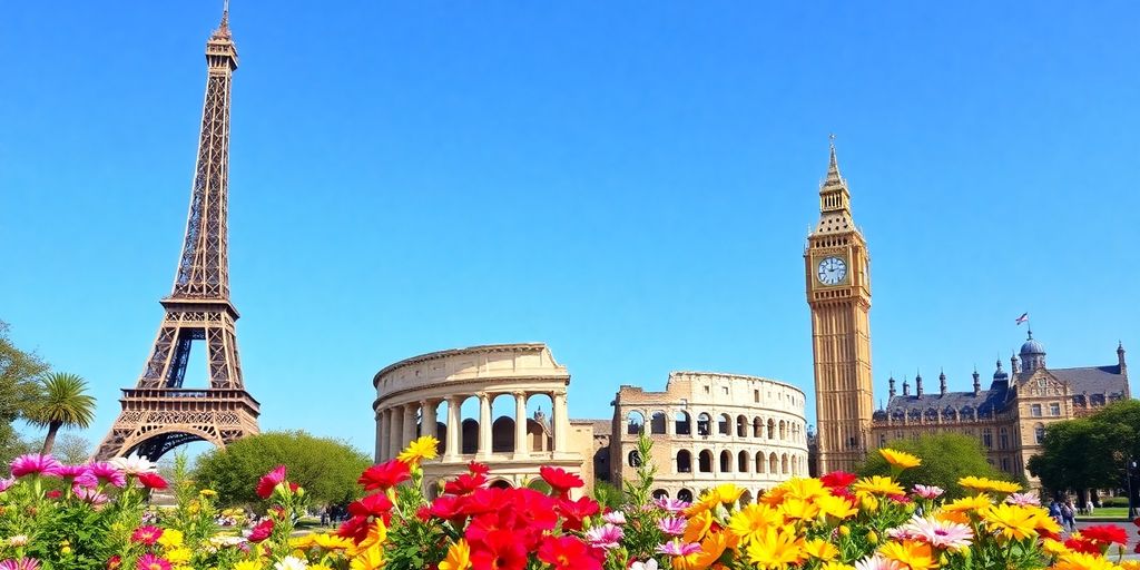 Iconic European landmarks with vibrant seasonal flowers.
