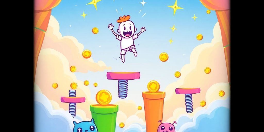 Doodle Jump character bouncing between colorful platforms and shiny coins