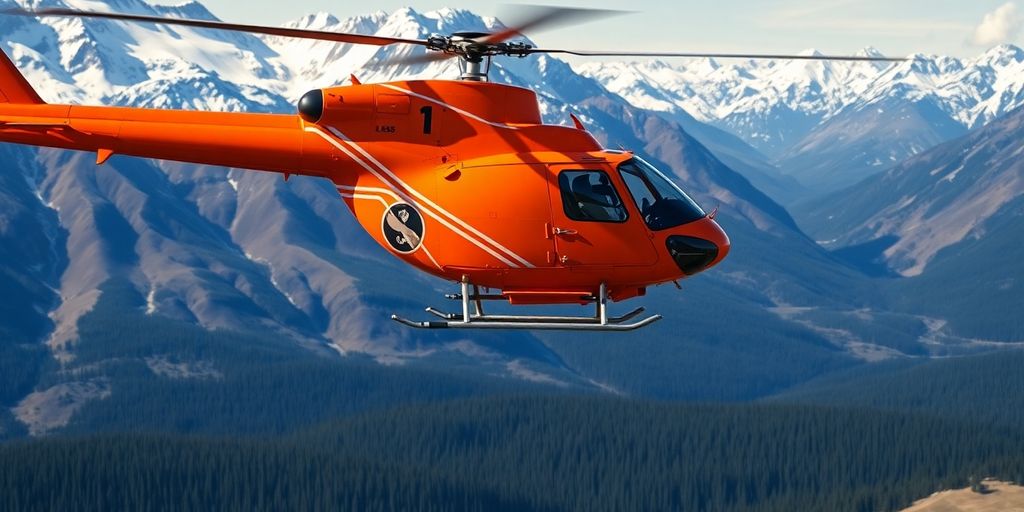 Helicopter with a bright orange Bambi Bucket over Alaska.