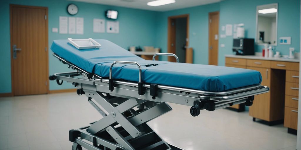 Hospital stretcher in a modern medical facility, highlighting its cleanliness, maintenance, and quality for rental purposes.
