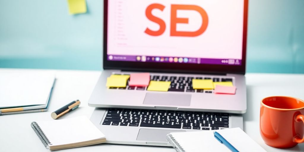 Laptop and notepad on a bright workspace.