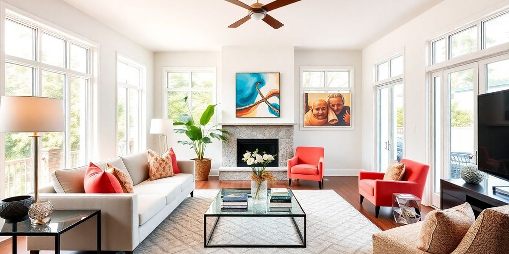 Renovated living room with modern furniture and decor.
