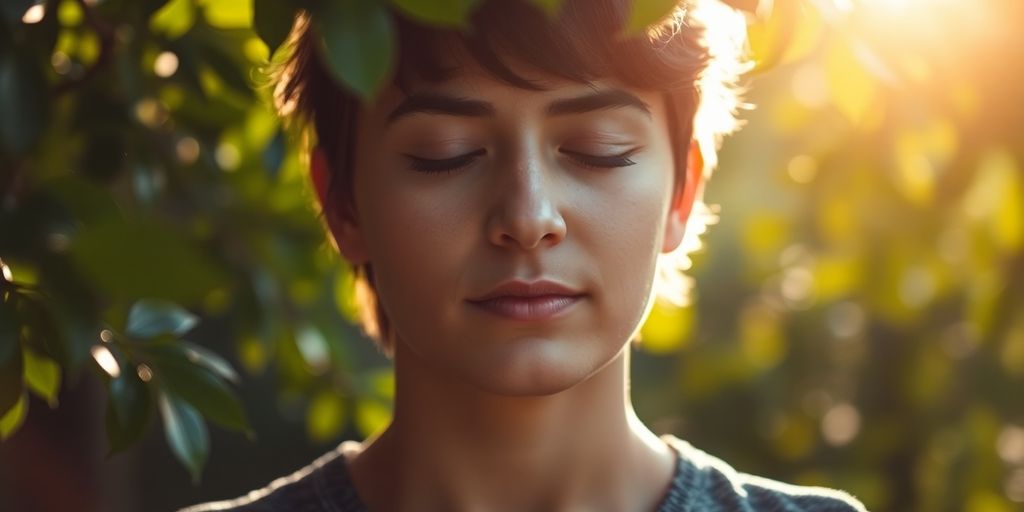 Person meditating peacefully in a tranquil natural setting.