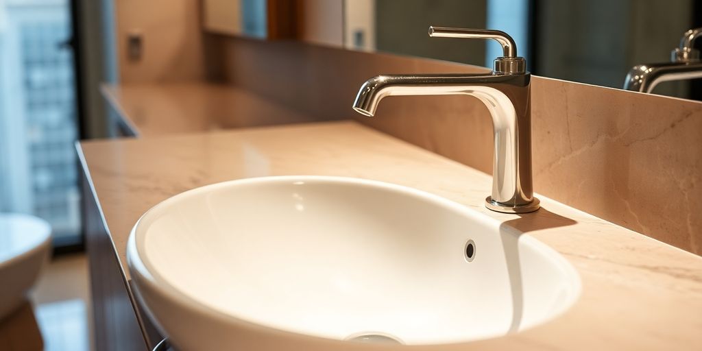 Unique artistic bathroom sink with striking faucet.