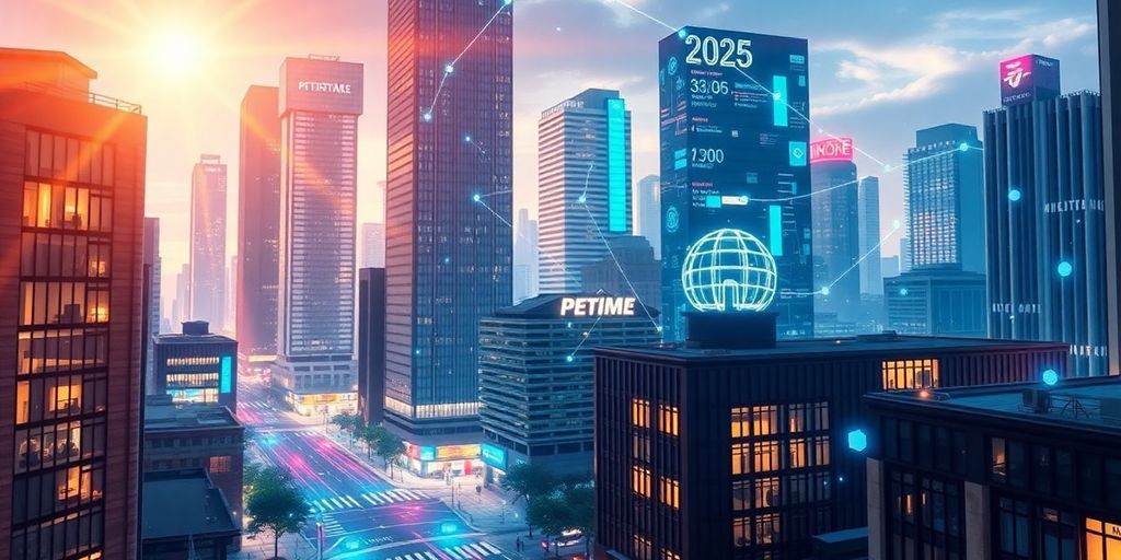 Futuristic cityscape with digital elements and modern architecture.