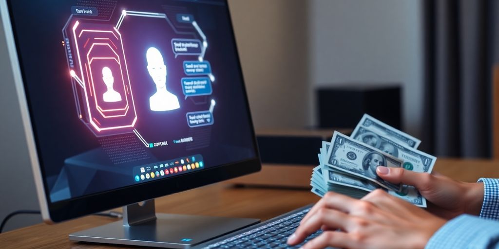 AI chatbot on computer, money, successful affiliate marketing.