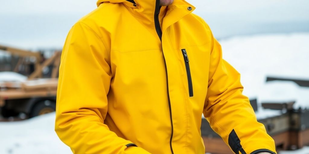 Model in yellow waterproof rain jacket against snowy background.