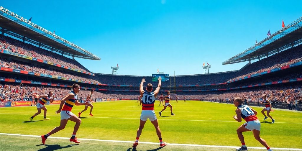 AFL match with players and cheering fans in stadium.