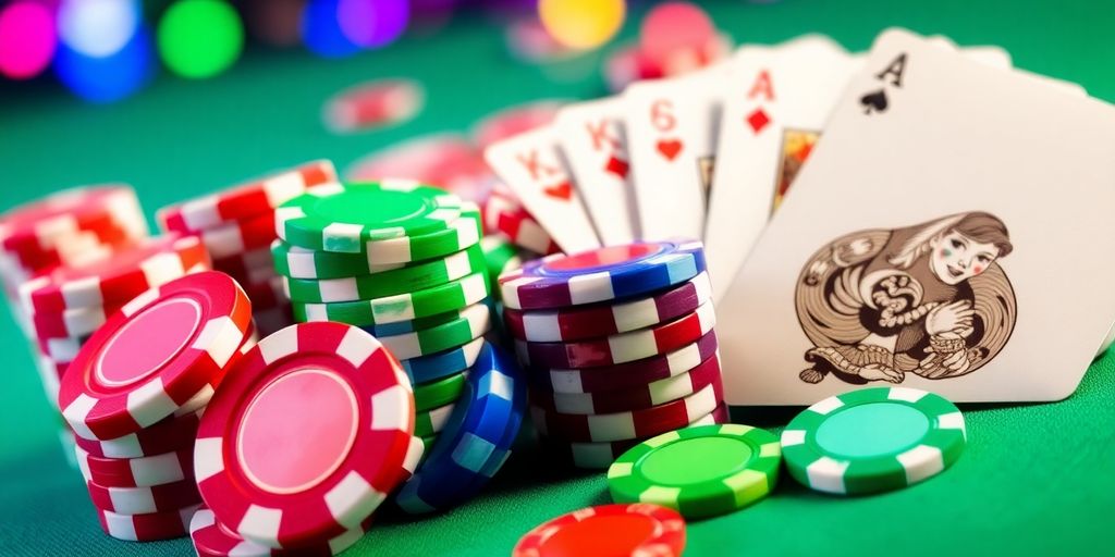 Casino en ligne avec des jetons et des cartes de jeu.