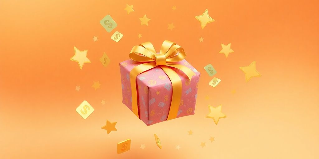 Package with golden ribbon and currency symbols floating