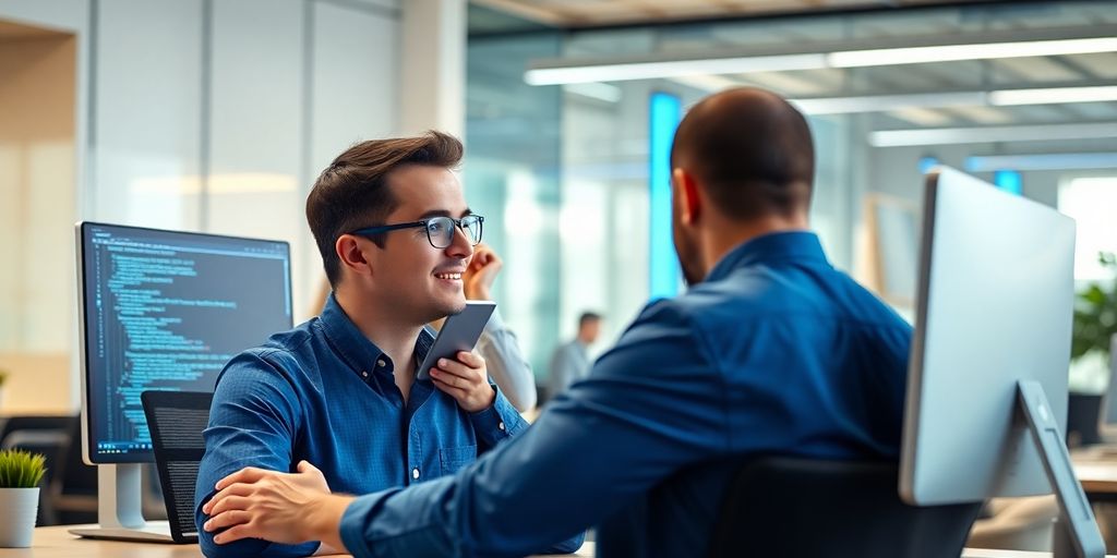 IT-Fachkräfte in Nürnberg gesucht? So hilft eine Personalvermittlung Büro, Personalvermittler, IT-Fachkraft, Computerserver, blaue Akzente