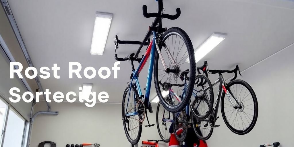 Organized garage with bikes on roof storage hooks.