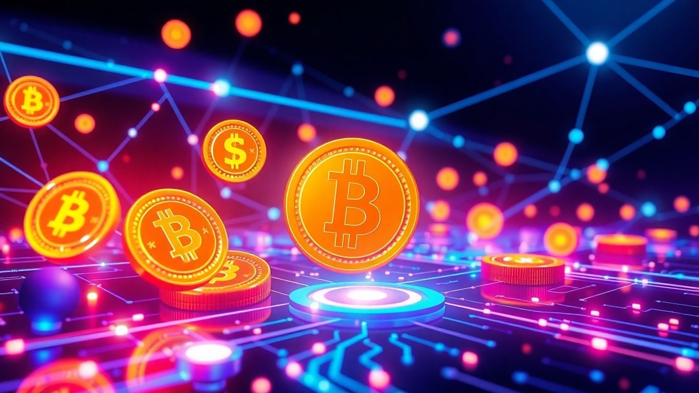 Futuristic cryptocurrency coins and networks in vibrant colors.