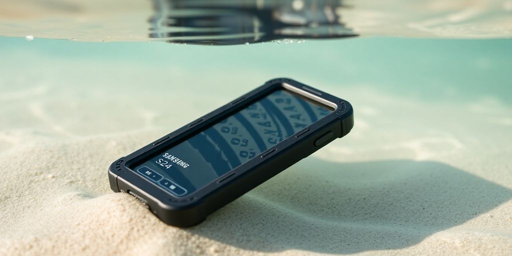 Samsung S24 defender case protecting phone in water.