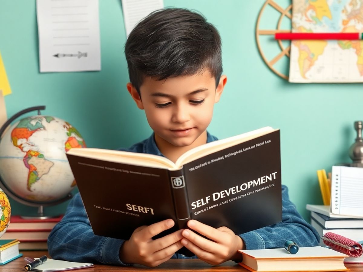 Student reading a self-development book with learning materials.