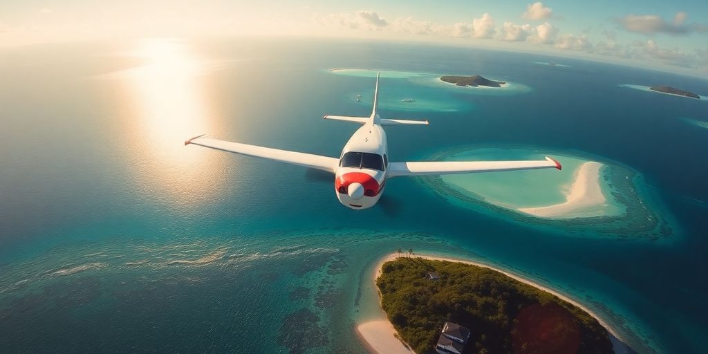 Small plane flying over turquoise water and islands.