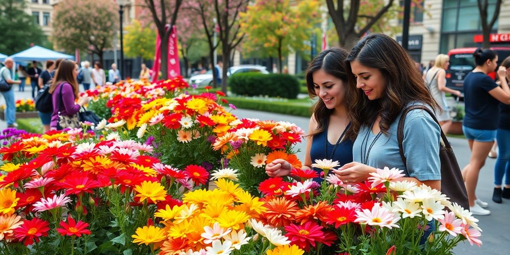 Kaksi naista keskustelee kukkien kanssa.