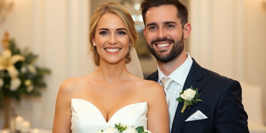 Couple smiling at their elegant wedding.
