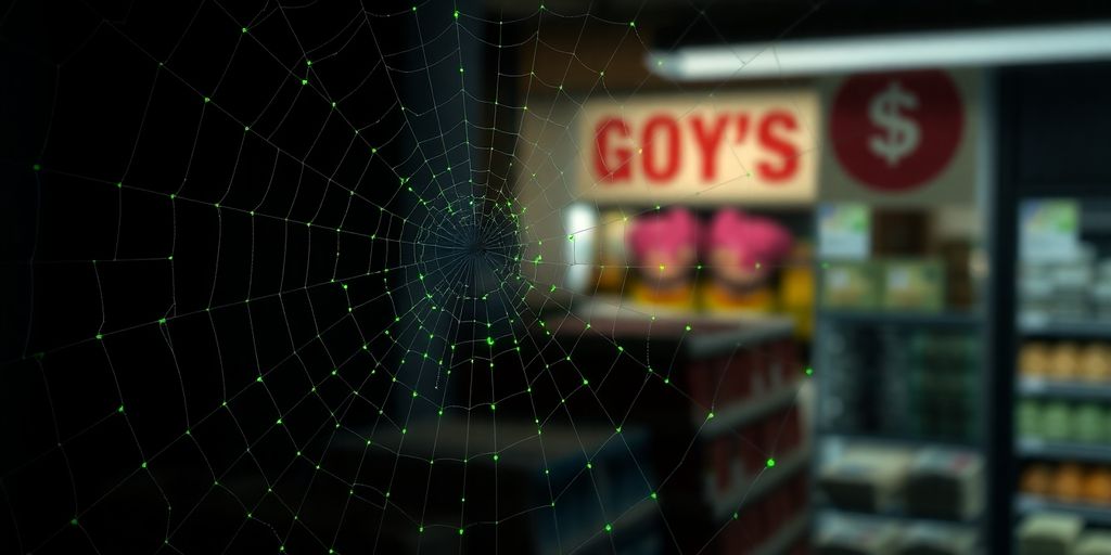 Spider web, digital code lines, money.