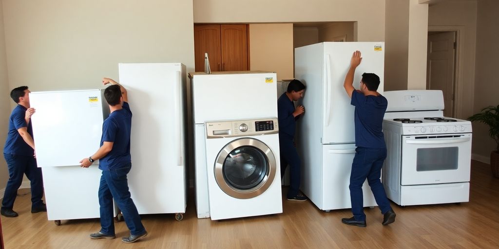 Professional movers handling appliances in a home setting.