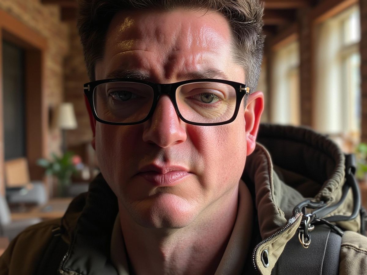 Man with glasses in a cozy, well-lit interior setting.