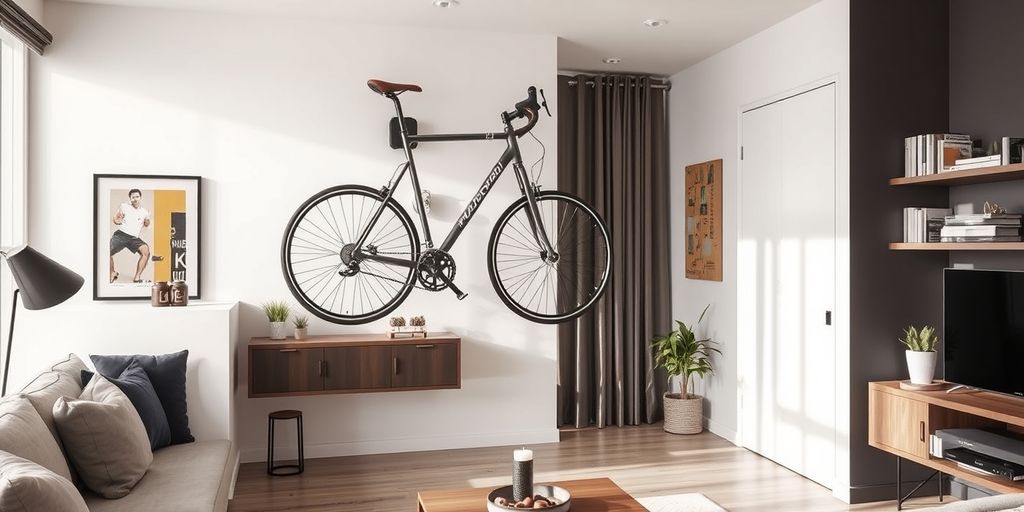 Bicycle mounted on wall in modern living room.